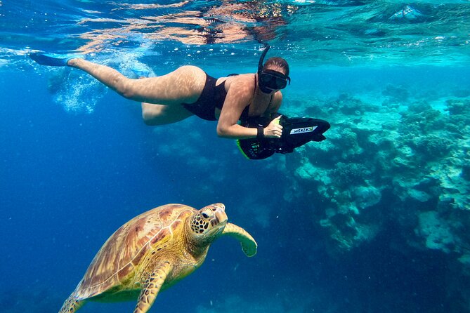 A freediver swimming alongside a green turtle