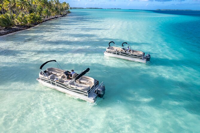Toa Boat Bora Bora Private Lagoon tour On Majestic Pontoon Boat - Drinks, fruit, and the package details to check